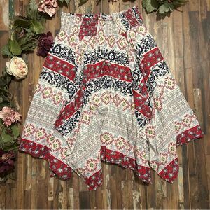 Boho Mixed Prints Asymmetrical Hem Midi Skirt L